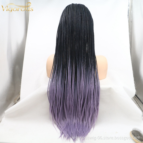 Long straight ombre black purple cheap wholesale high quality heat resistant synthetic braided wig lace front